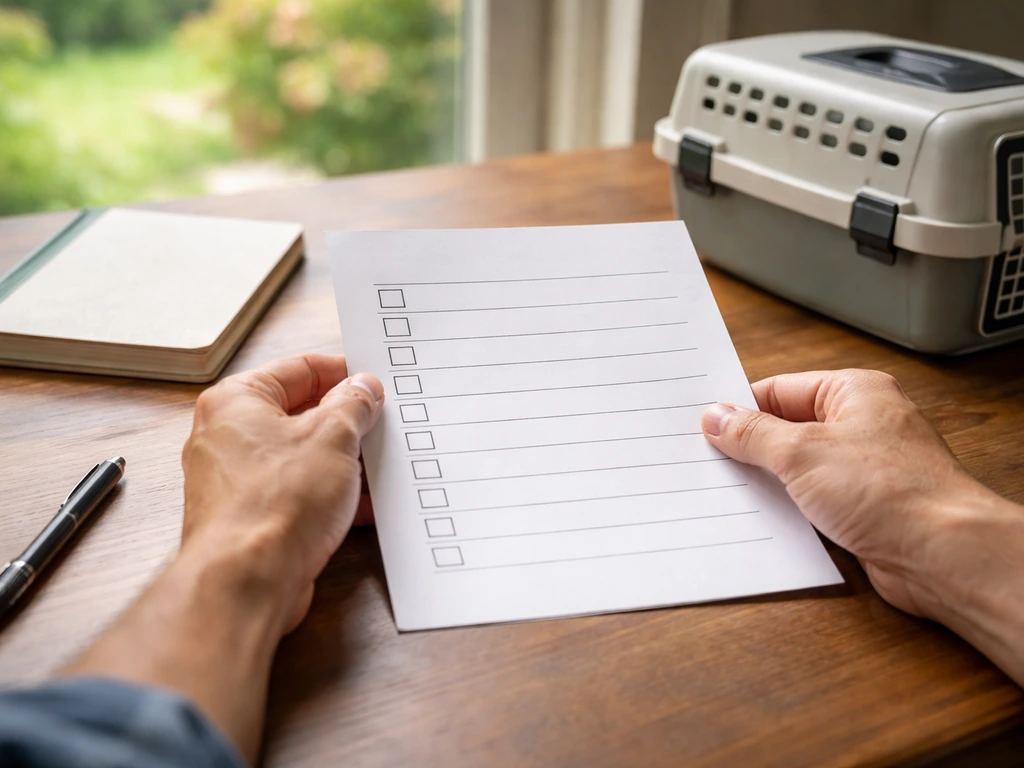 Close-up of hands holding a bird permit checklist beside a bird-safe transport case and small field binder.