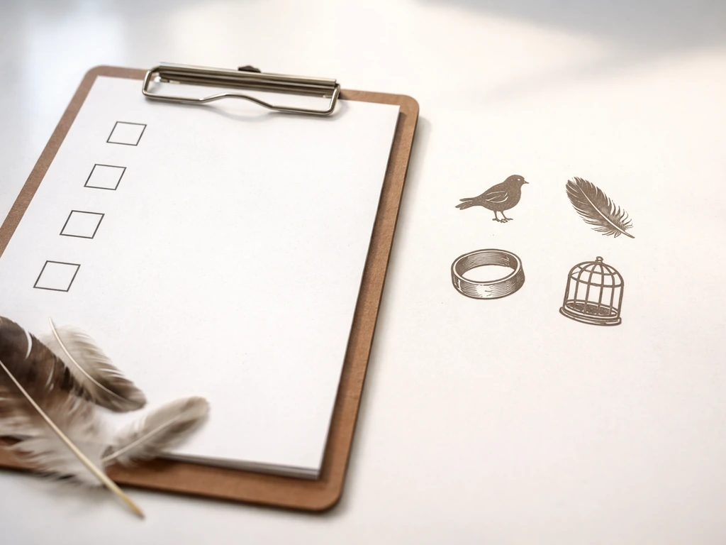 Close-up of a clipboard with four checkboxes and small stamped permit icons beside bird feathers