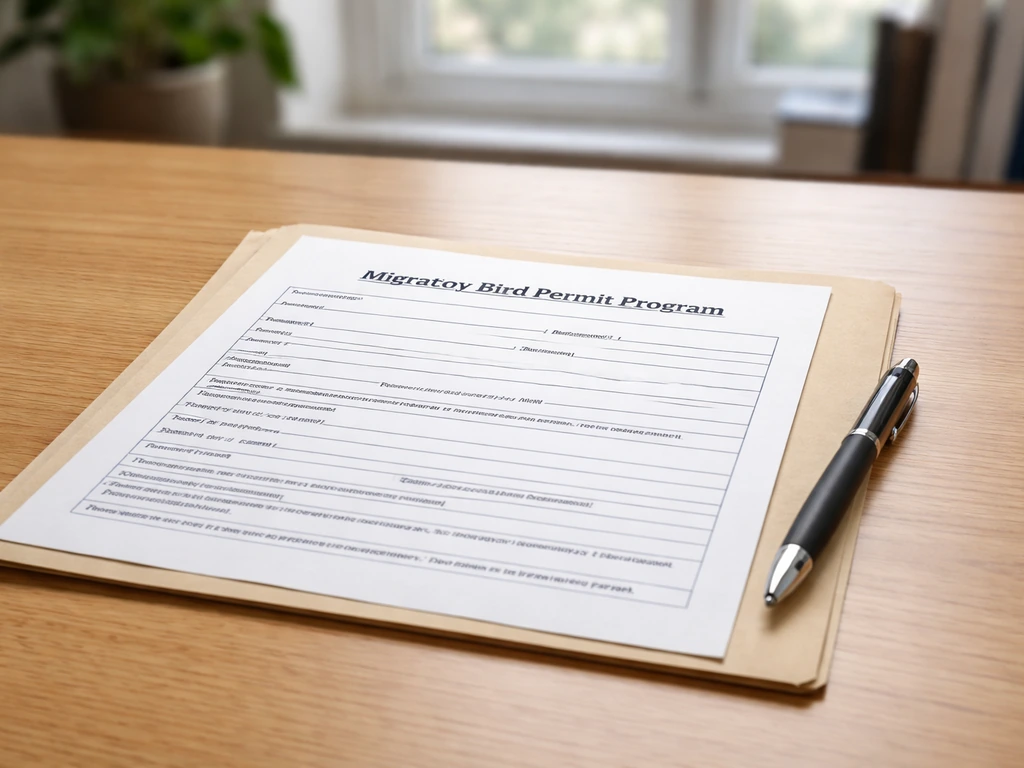 Close view of a USFWS-style migratory bird permit application on a desk with a pen and passport-style clipboard.
