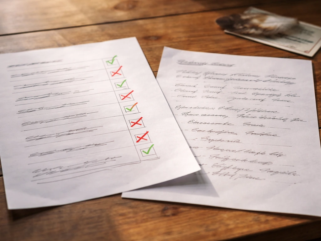 Close-up of printed permit checklist and bird-species condition notes with red/green pass marks on paper.