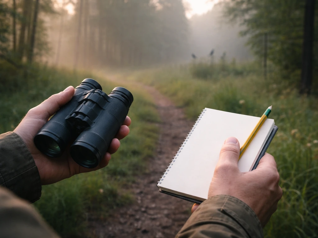 Hands with binoculars and a blank field notebook in a woodland, suggesting bird population counting surveys.