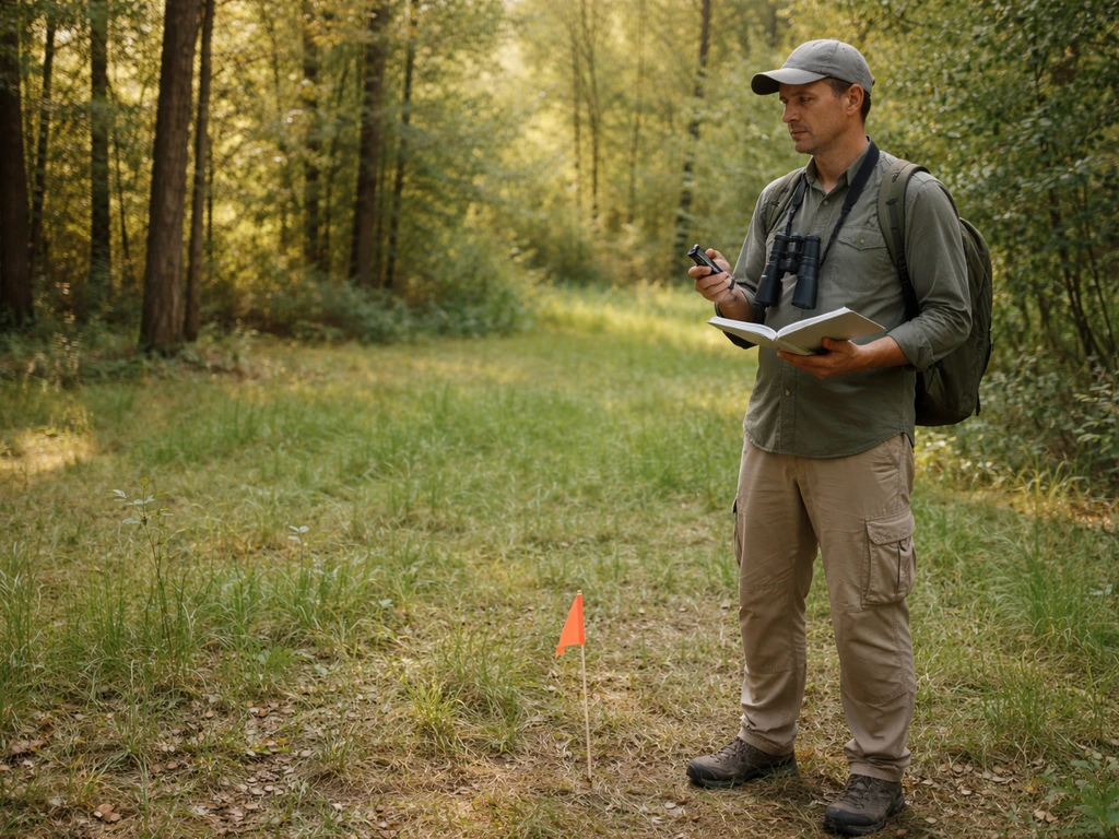 Birdwatcher at a marked spot using a stopwatch during a point count, recording birds in a notebook outdoors.