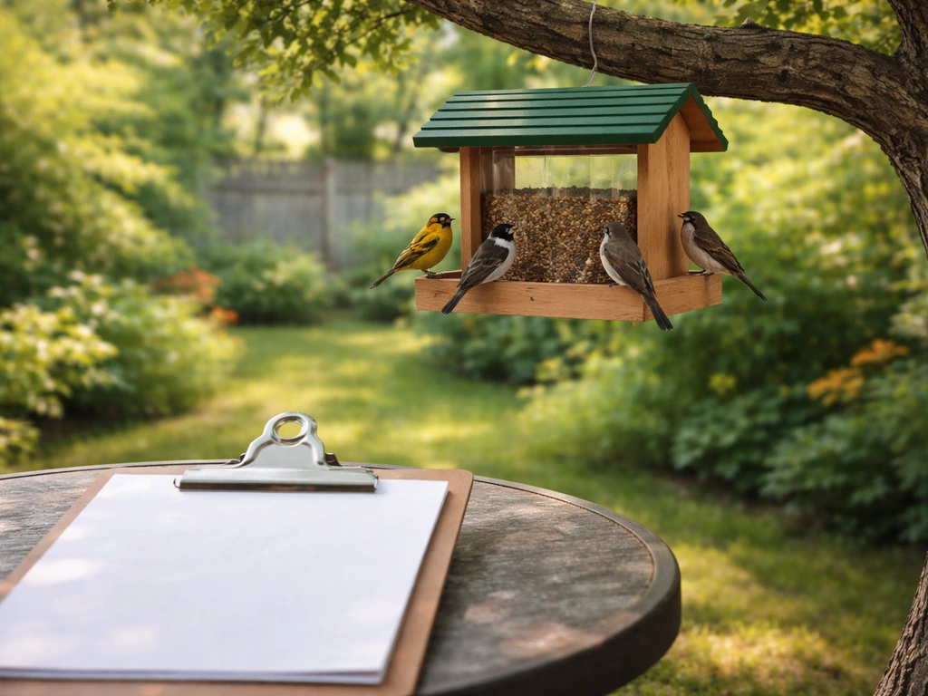 Backyard bird feeder with multiple birds feeding, and a clipboard with blank pages nearby for counting.