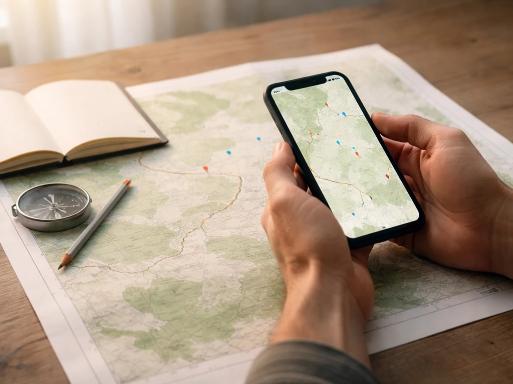 Hands planning a bird survey: smartphone over a printed map with boundary line and waypoints.