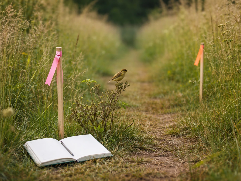 Small bird near two nearby field markers in tall grass with a blank notebook reminder nearby.