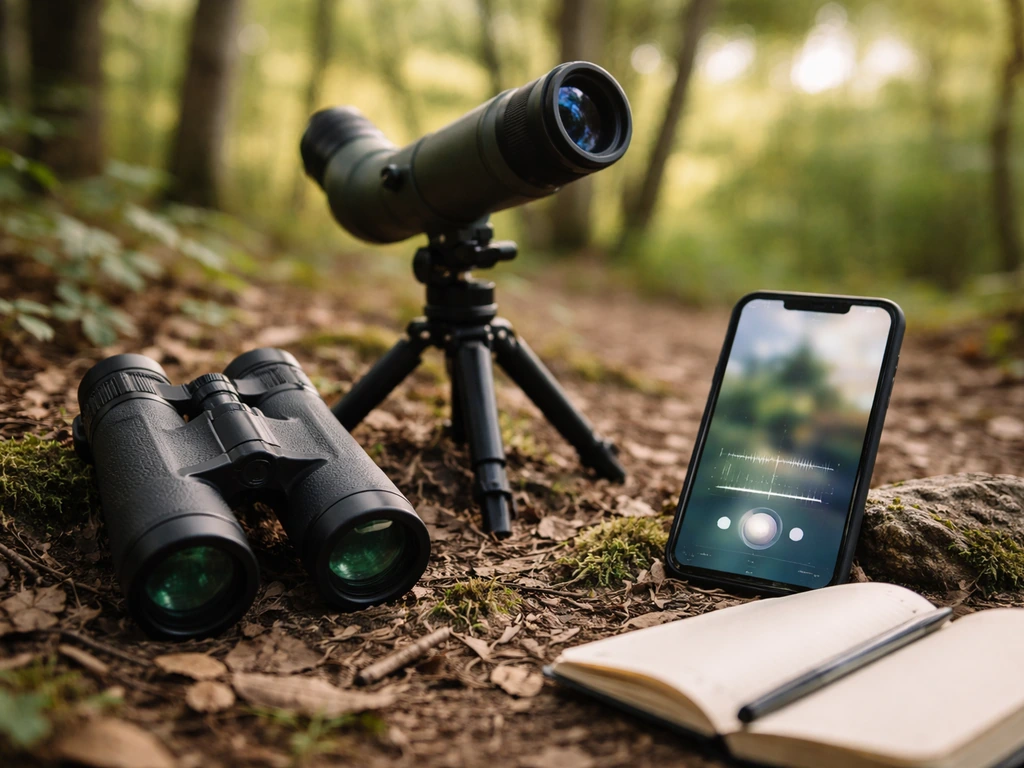 Binoculars and a spotting scope on a tripod beside a phone bird ID app screen and field notes outdoors.