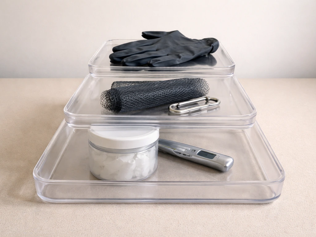 Minimal photo of a clean three-level safety pyramid model made of stacked trays for bird safety prevention layers