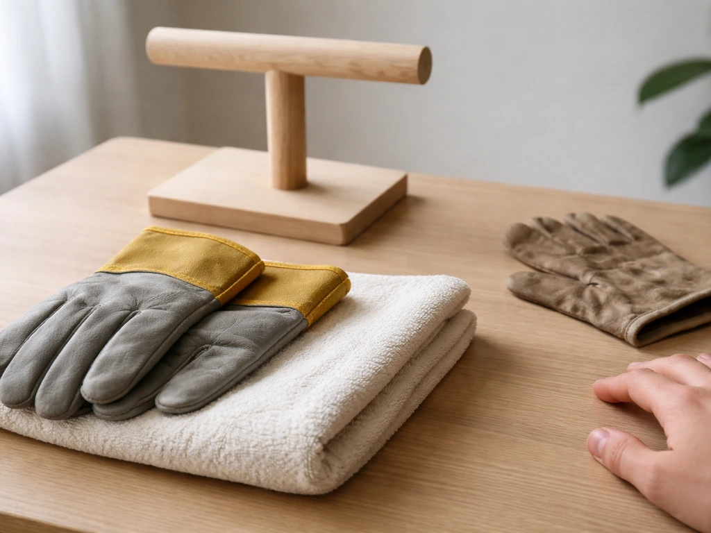 Close-up of bird-handling gloves and a towel used for safe restraint beside a bird perch