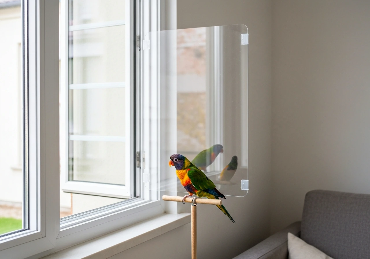 Small parrot perched near an open window with a clear barrier blocking access to hazards indoors.