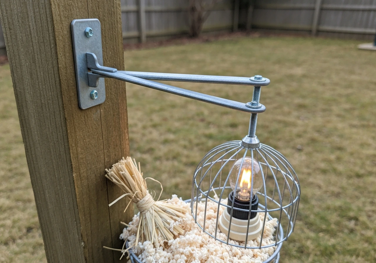 Improperly mounted bird feeder bracket beside bedding with a heat lamp placed too close.