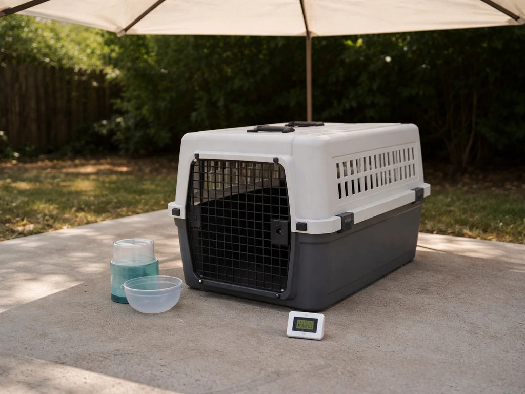 Outdoor setup with a shaded bird transport crate, water container, and thermometer on a quiet patio.