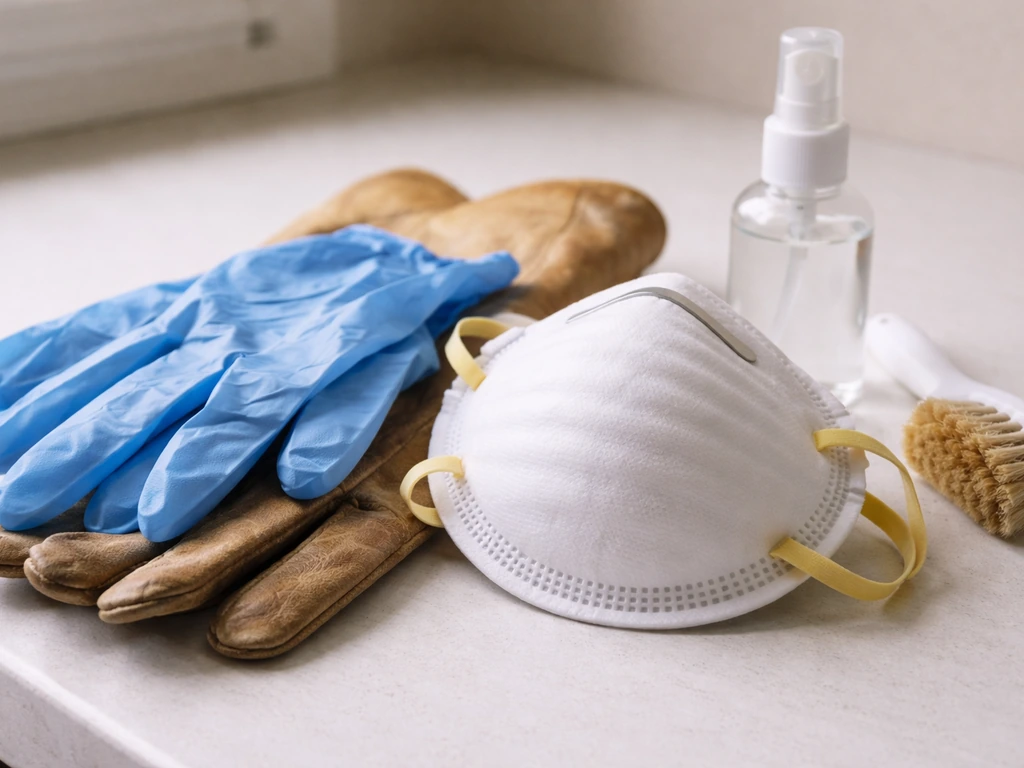 PPE—nitrile gloves and dust mask—resting next to bird-cleaning tools on a clean counter