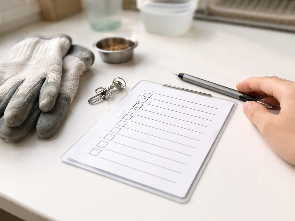 Close-up of a clipboard with a checklist beside bird supplies, prepared for safe handling.