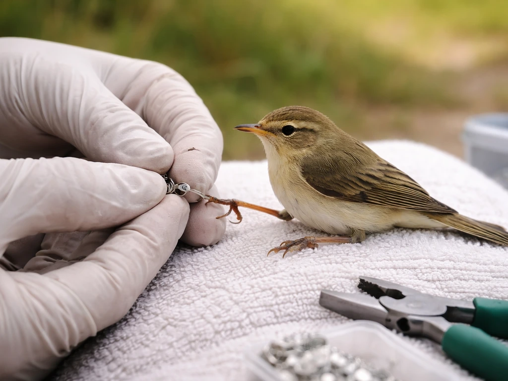 Gloved hands placing a lightweight ring on a small wild bird’s leg at a ringing station.