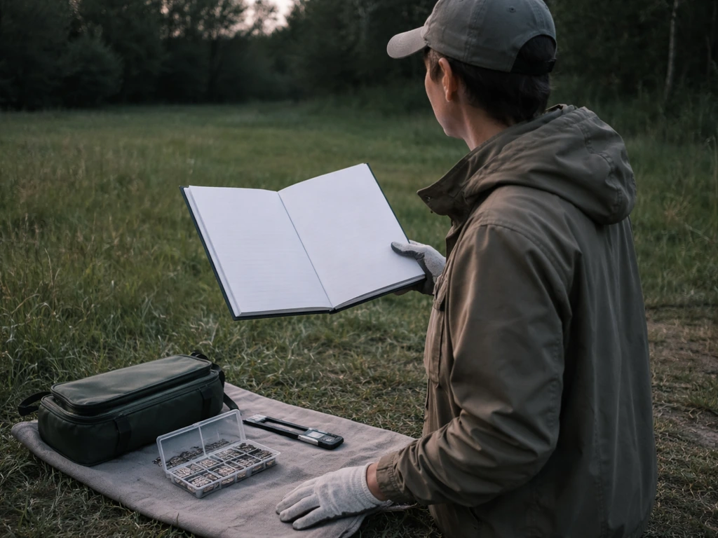 Gloved trainee holding a bird-ringing permit document beside a field kit at dusk