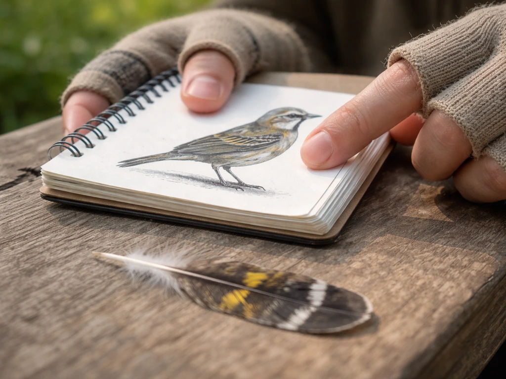 Gloved hands examining a feather sample with plumage pattern details on a simple outdoor table.