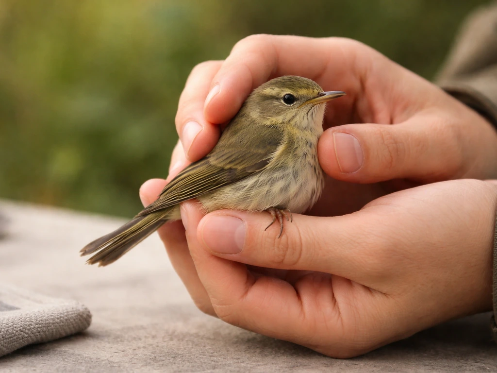 Ringer gently holds a small bird with safe grip for age and sex plumage assessment.