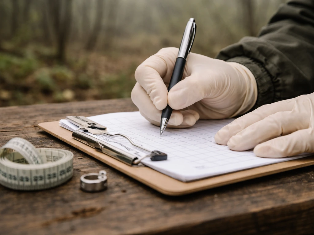 Gloved hands writing measurements on a clipboard next to a small numbered bird ring in a forest.