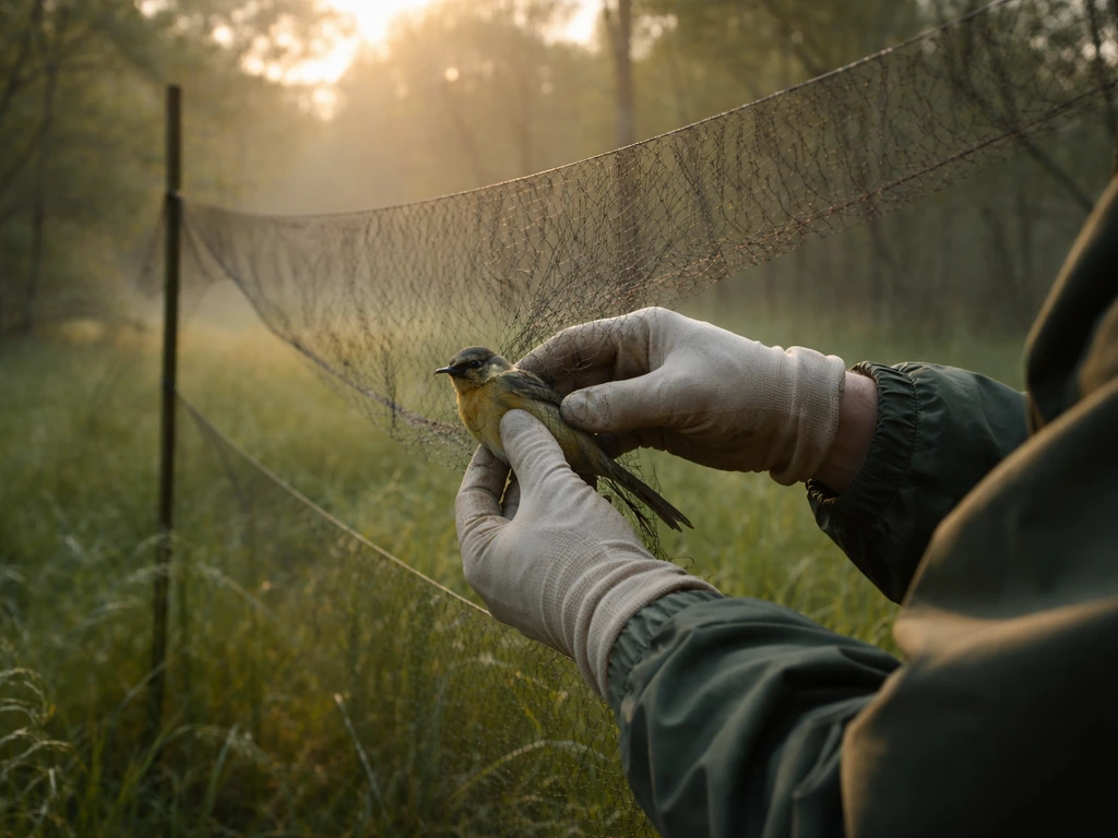 Field worker carefully extracting a small bird from a mist net on a calm early-morning nature reserve.