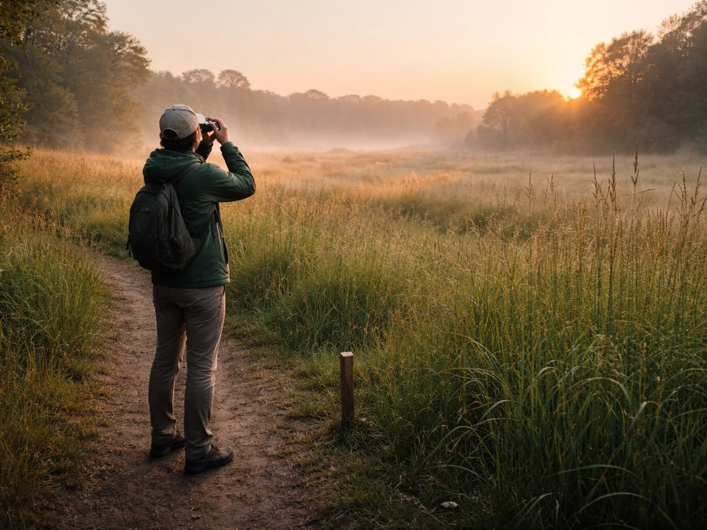 Person on a sunrise trail using binoculars near a small observation marker stake in an open field