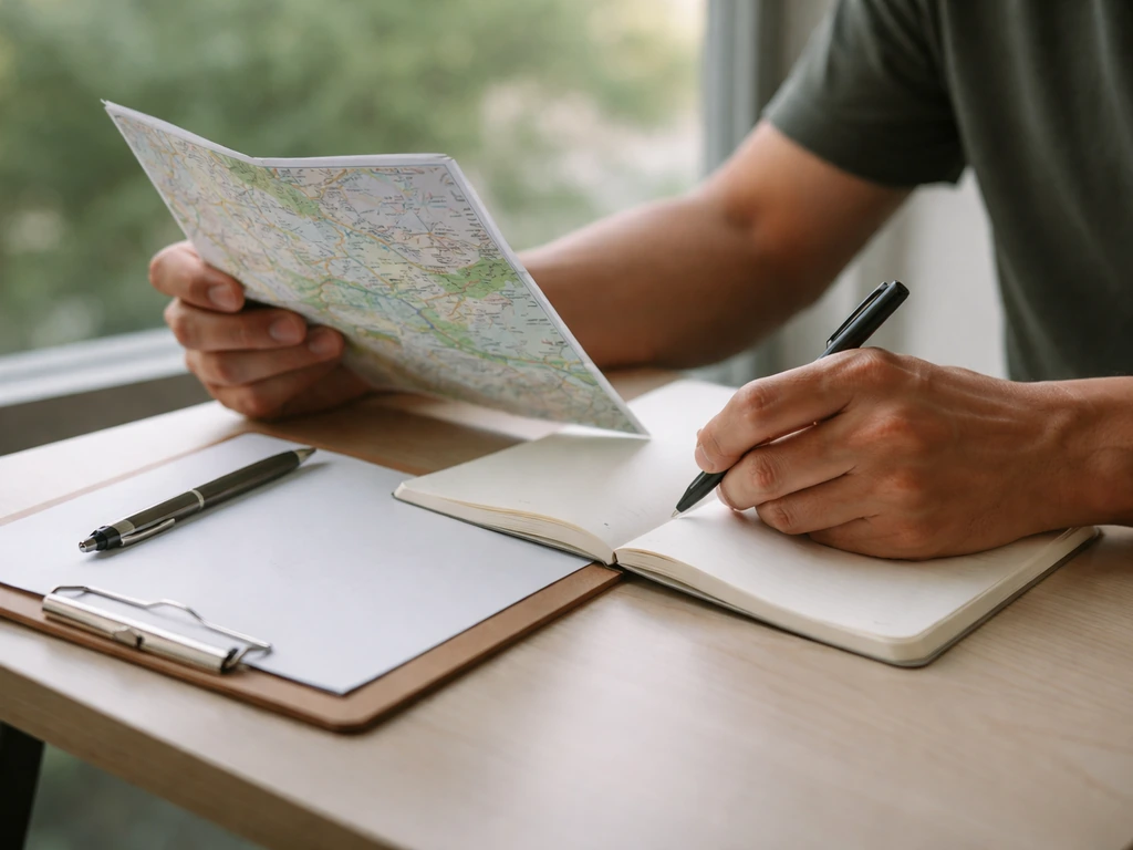 Person planning a beginner survey at a desk with a simple map and a notebook
