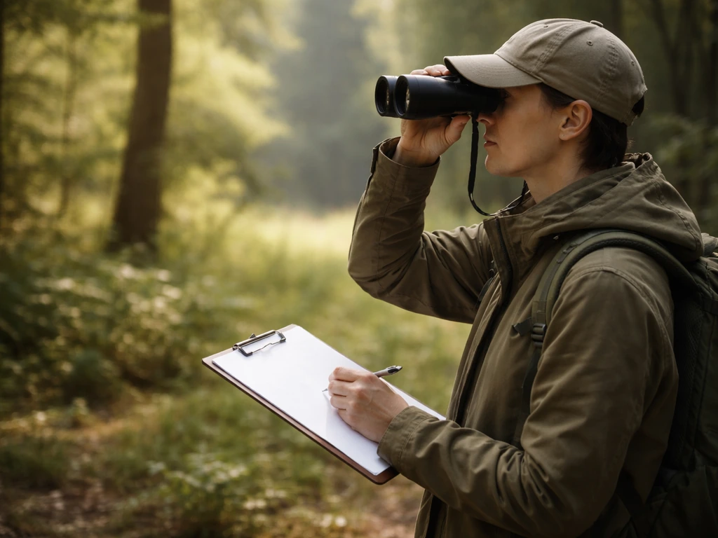 Anonymous observer in a forest standing still with binoculars and a blank tally card during a bird point count.