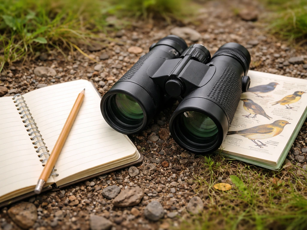 Close-up of binoculars, field notebook, pencil, and a simple bird ID guide laid ready outdoors.
