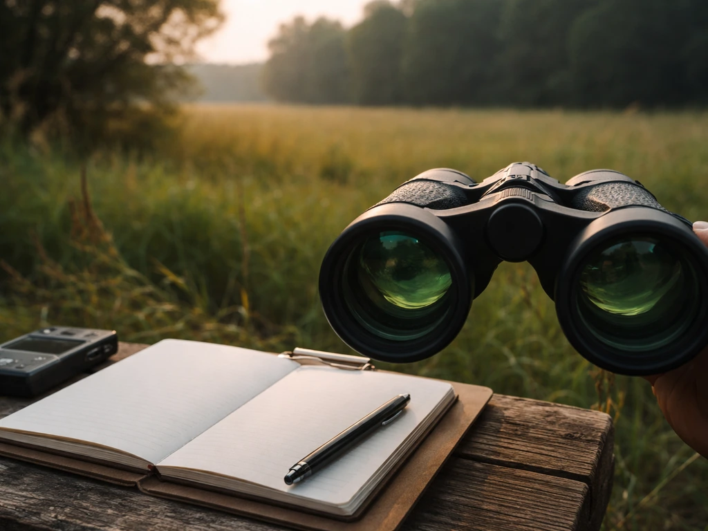 Binoculars aimed at a field edge with an open notebook and pen for recording bird traits.