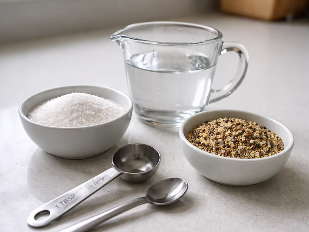 Close-up of sugar, water, and measuring tools on a clean countertop for homemade bird formula ratios.