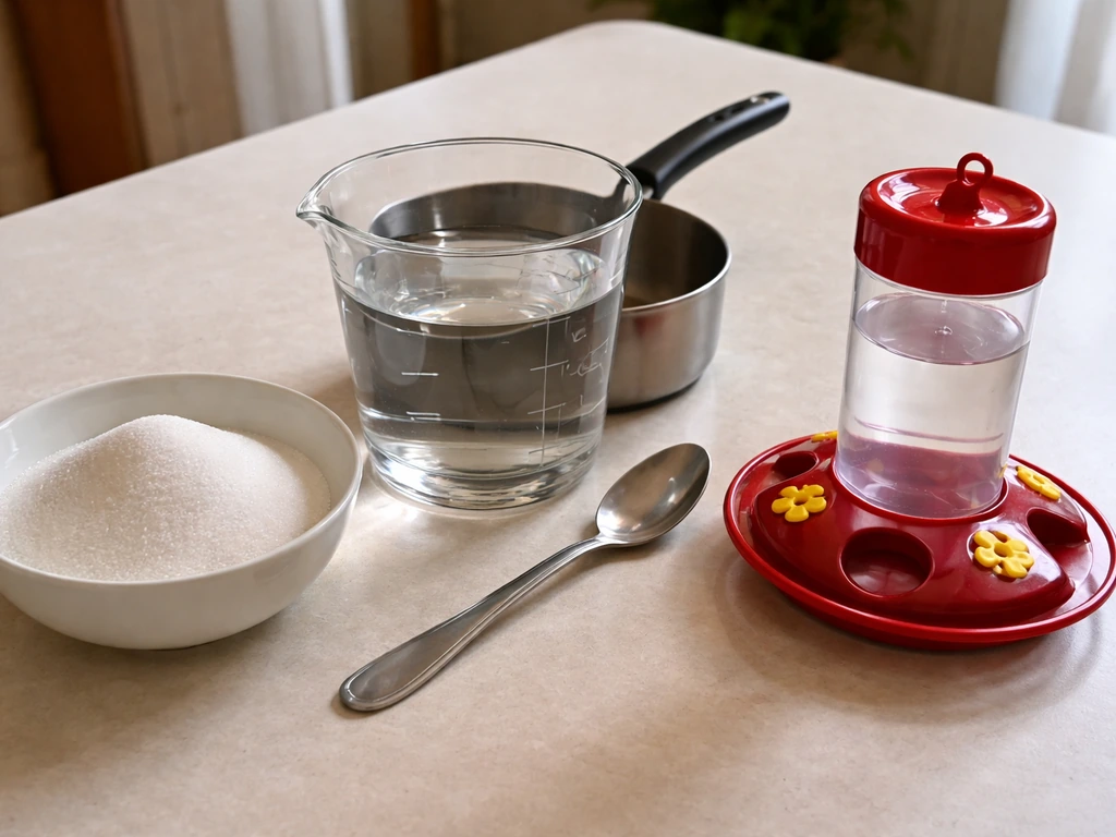 Ingredients and tools for hummingbird nectar laid out: sugar, water, measuring cup, saucepan, spoon, and feeder.