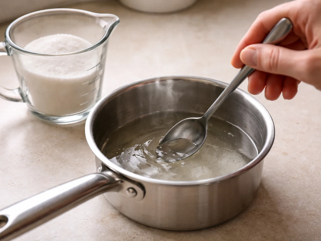 A hand stirring a 1:4 sugar-water mixture in a small saucepan beside a measuring cup