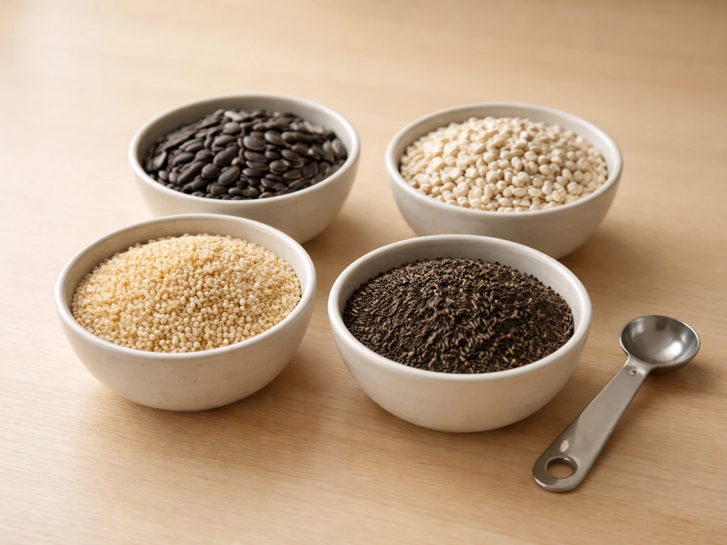 Ingredients for a homemade wild-bird seed mix: sunflower, safflower, millet, and optional nyjer in small bowls.