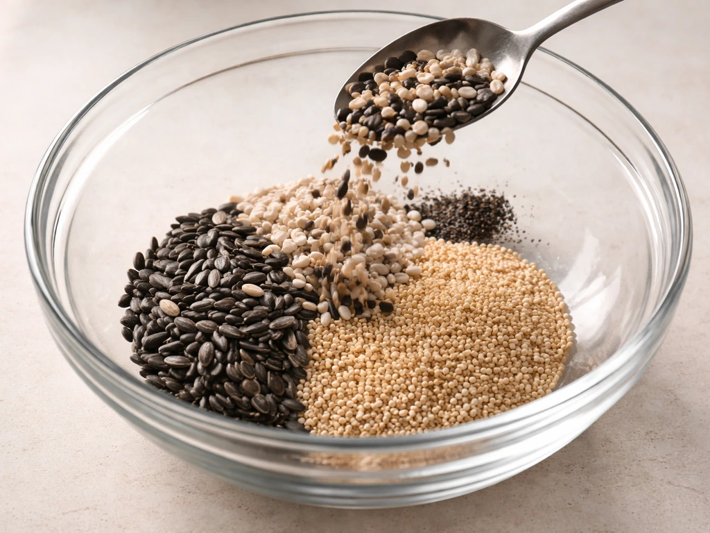 Close-up of a glass bowl with measured seeds being combined, including sunflower, safflower, millet, and optional nyjer.
