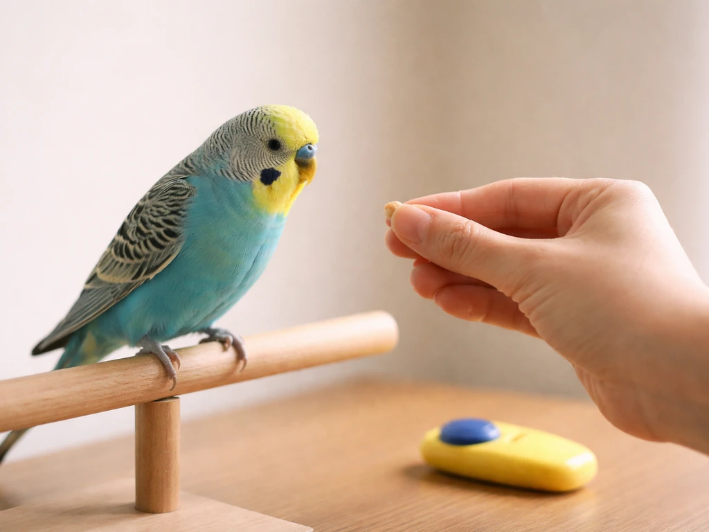 Small parakeet perched facing a handler’s hand with a tiny treat; clicker and marker cue nearby.