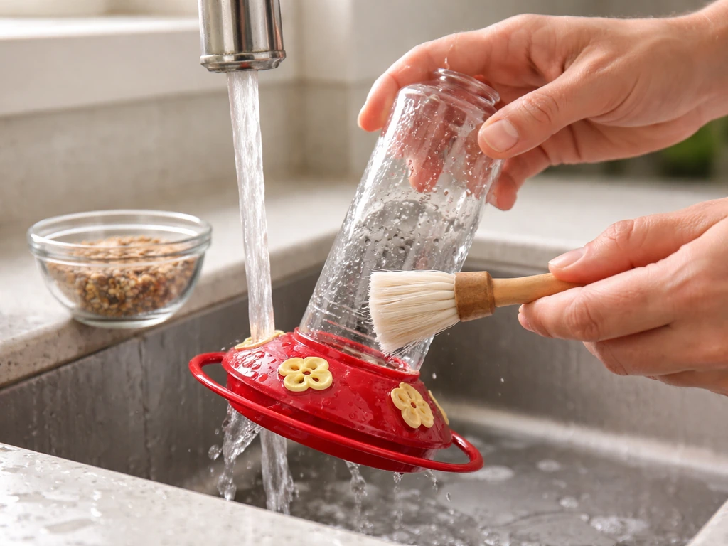 Hands brushing a hummingbird feeder under hot water on a clean kitchen counter for safe hygiene.