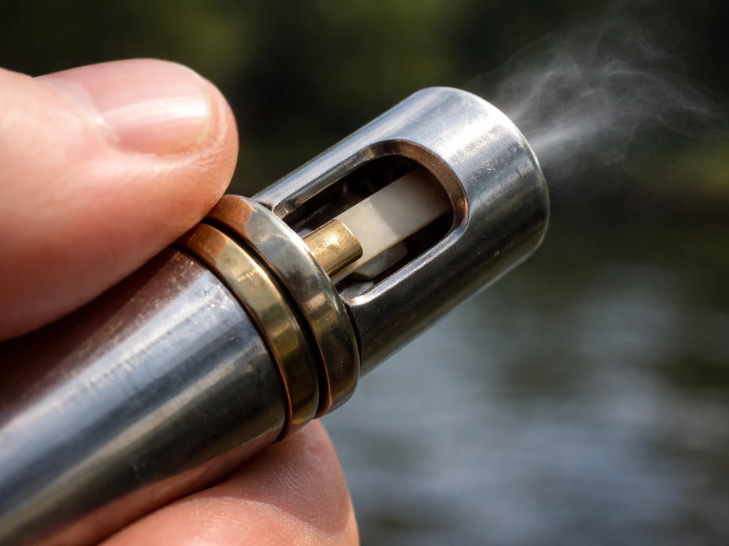 Extreme close-up of a duck call whistle reed with a hand pressing the mouthpiece to show sound production.