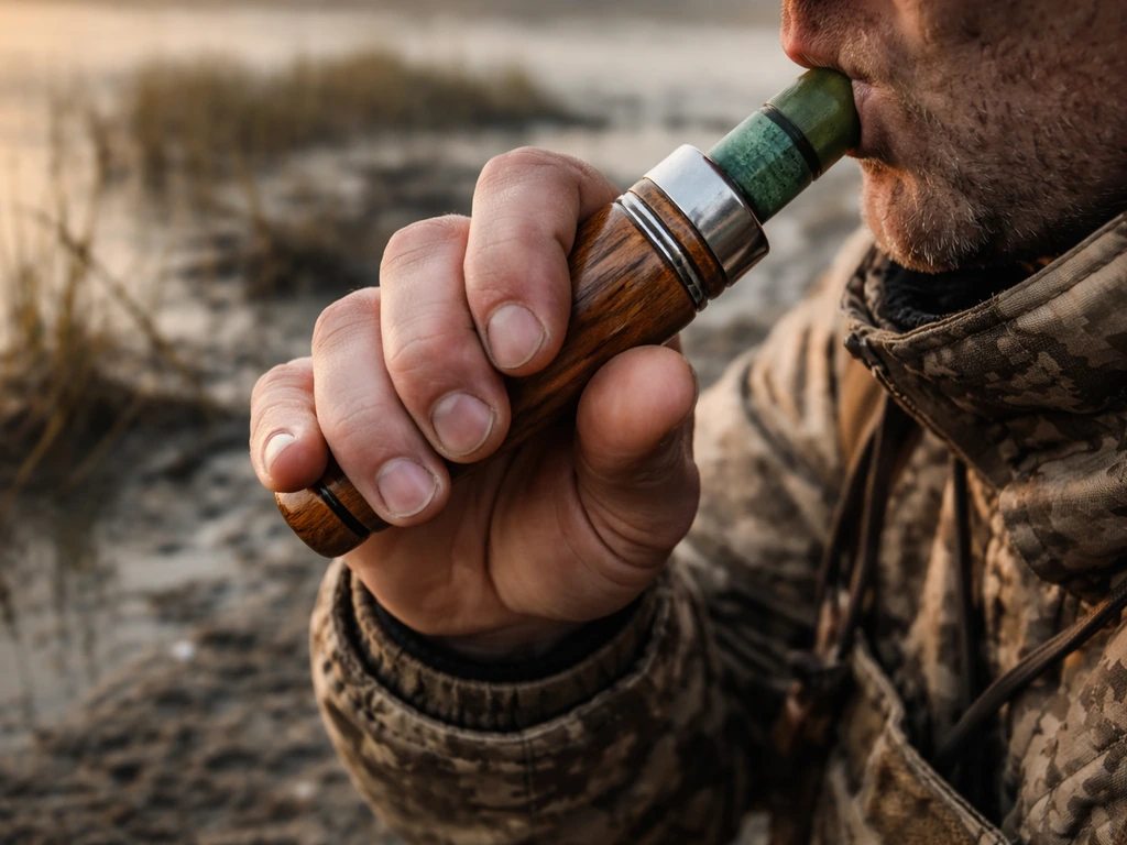 Close-up of a duck call held in-hand by a waterfowler in a marsh, with reeds blurred behind.