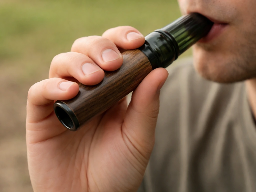 Close-up of hands holding a duck call with correct relaxed grip, blowing gently toward the mouthpiece