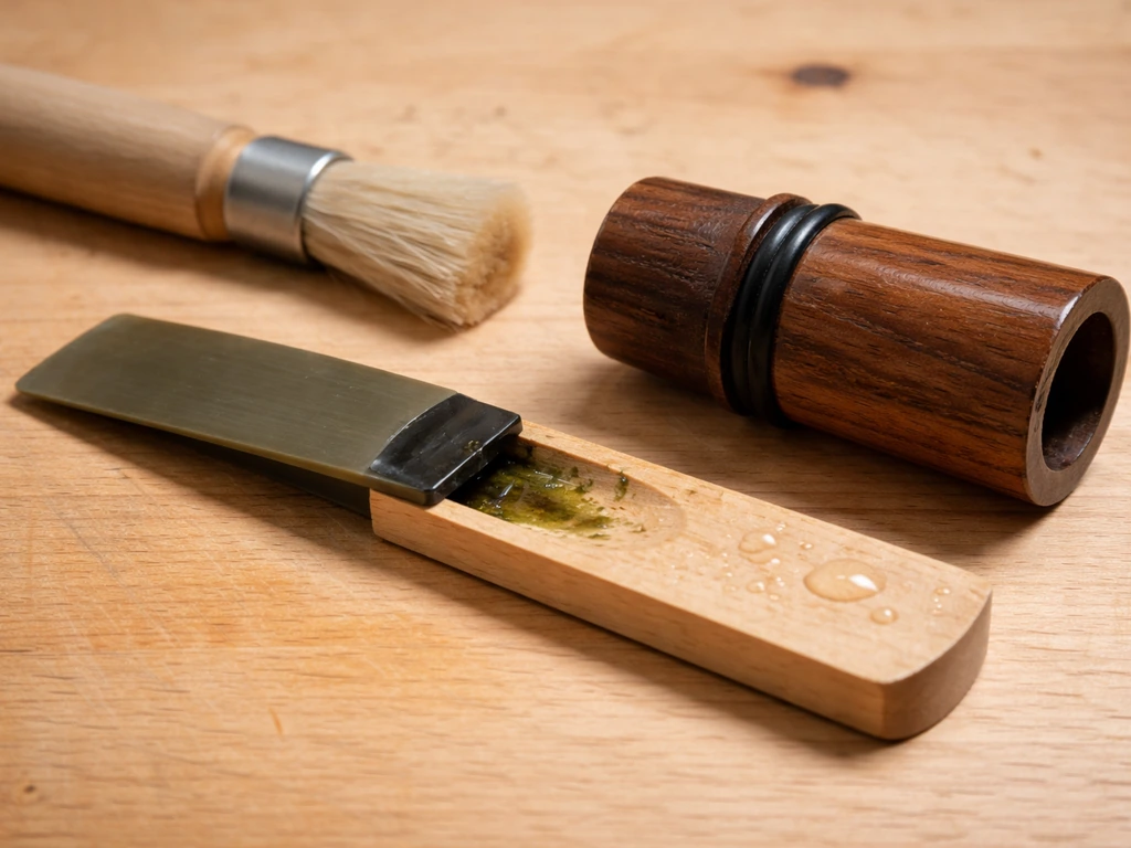 Disassembled water bird whistle on a workbench showing reed and tone board with a small debris check