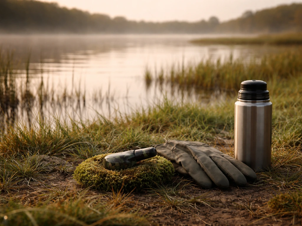 Birding gear laid out by a marsh—whistle, gloves, thermos—showing responsible outdoor practice.