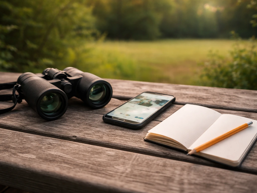Binoculars, a smartphone showing a birding app screen, and an open notebook for bird field notes.
