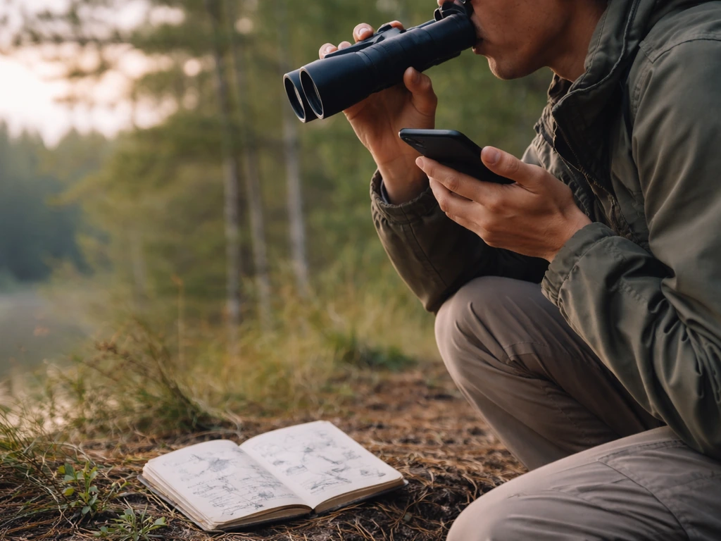 Person using binoculars while recording bird audio on a phone, with handwritten field notes nearby.