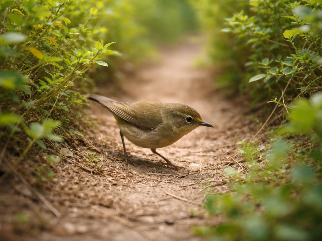 Small songbird hopping along a narrow path through dense shrubs, captured mid-movement