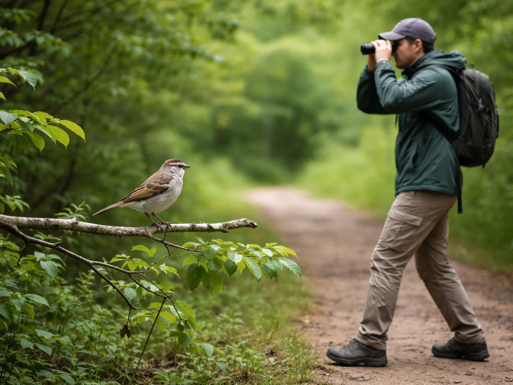 Birder stepping back with binoculars, giving space to an alarmed bird in a quiet park