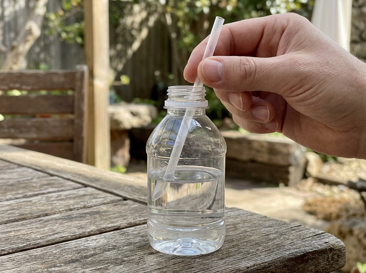 Water bottle with straw inserted, assembled for a simple water bird whistle build.