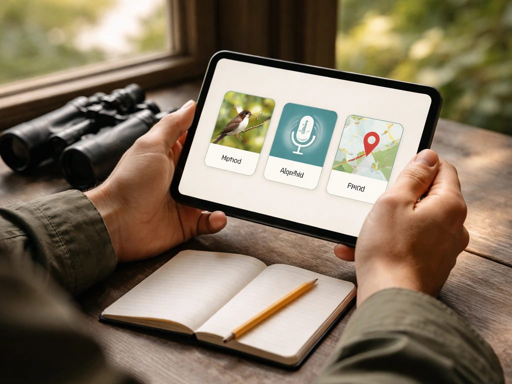 Birder at a desk comparing bird-call search options on a tablet, with a notebook nearby.