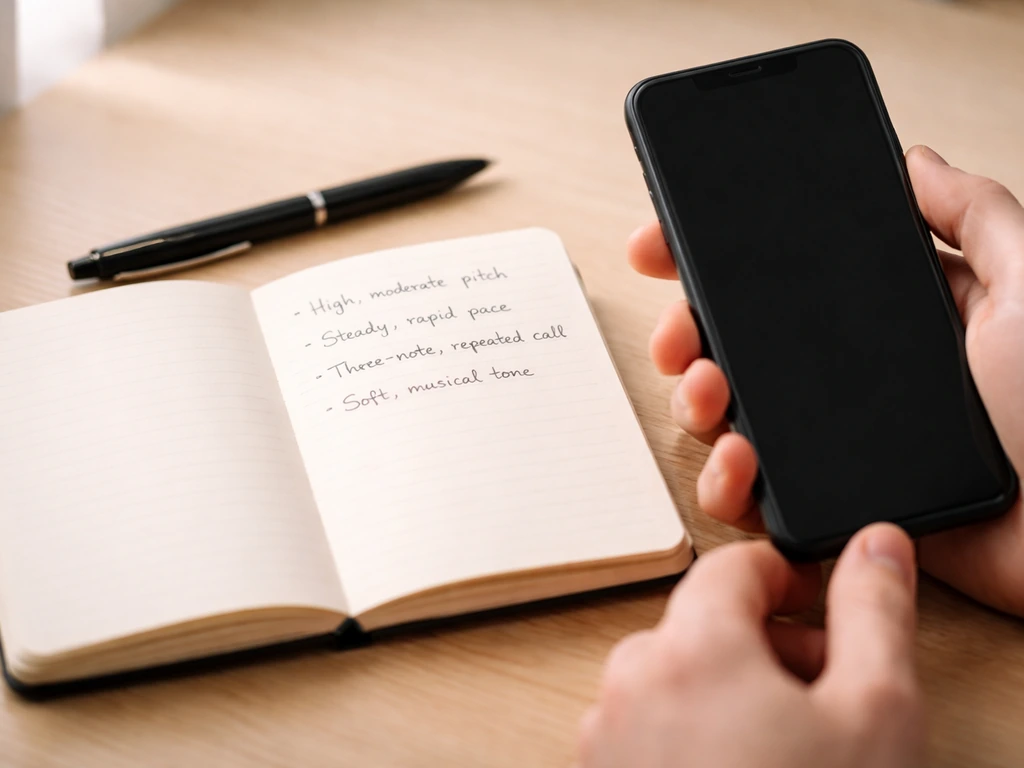 Hands with a smartphone and open notebook of handwritten call notes on a minimal desk.