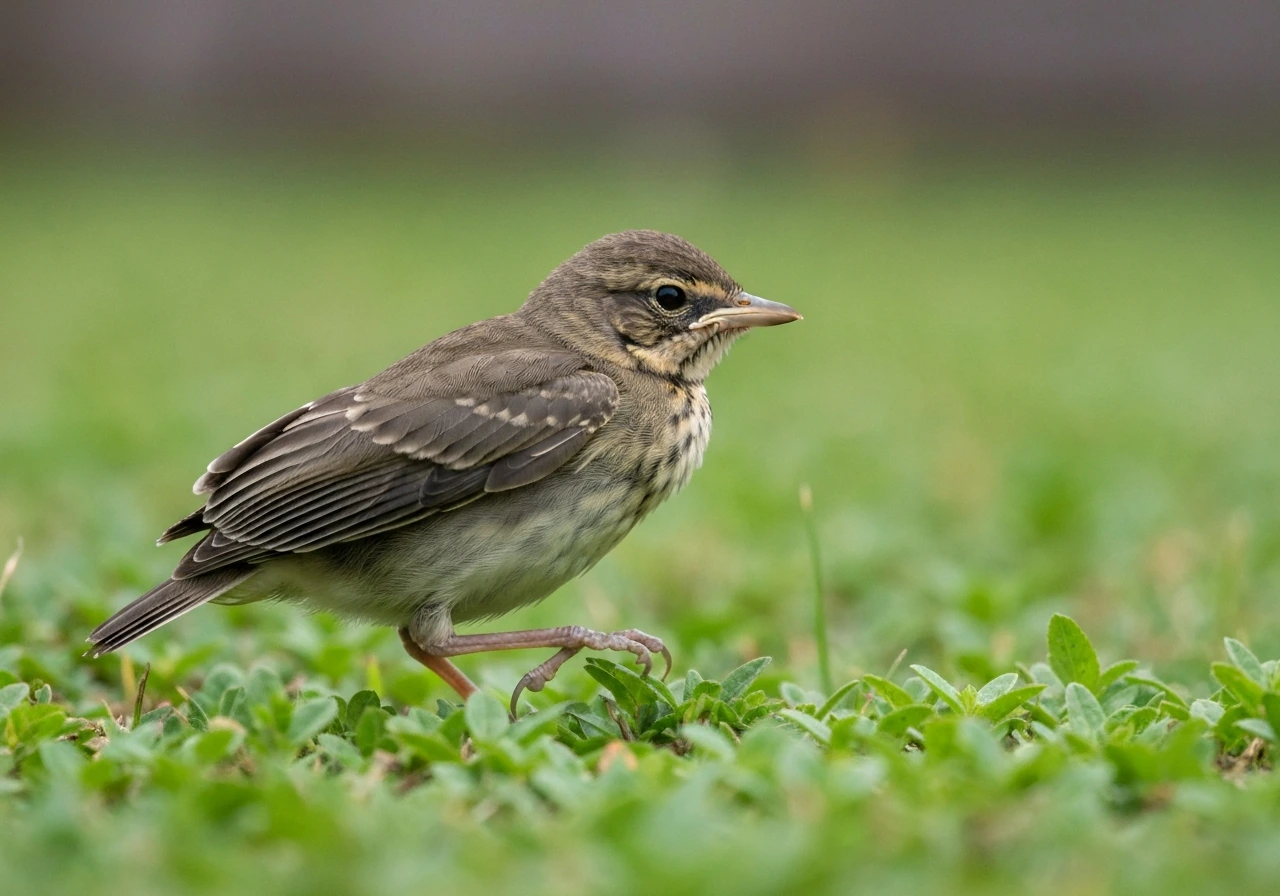 Close-up of a healthy fledgling bird perched on low vegetation with partially spread wings.