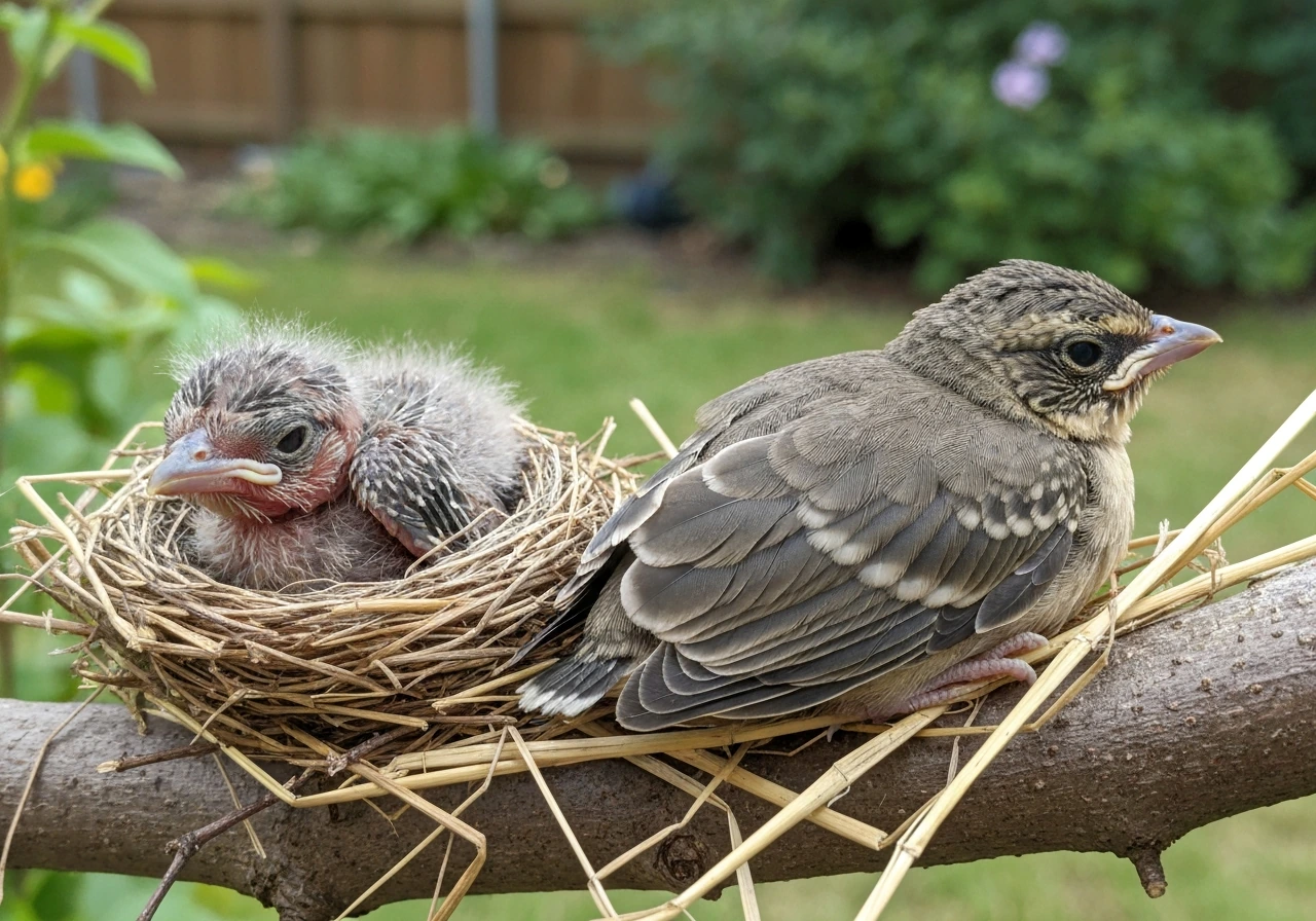 Side-by-side baby birds: a feathered fledgling next to a covered hatchling in a natural nest.