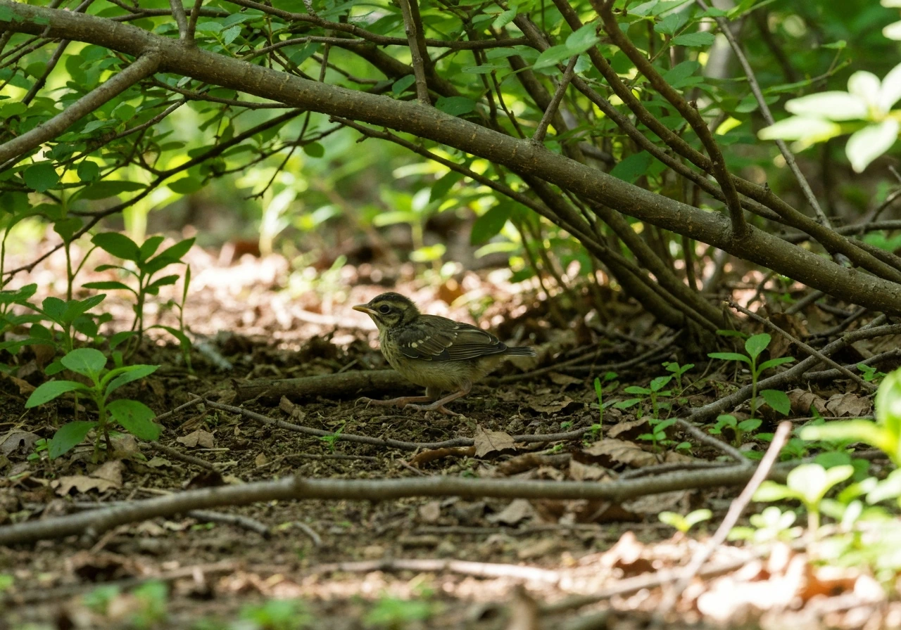 Small fledgling bird hopping on leaf litter under low shrubs, showing typical habitat cover.